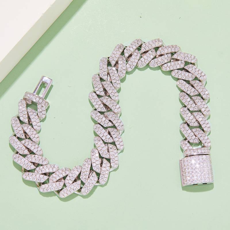 14mm width Mossanite Cuban Chain Bracelet Necklace|18K White Gold-Plated S925 Silver, Custom Available