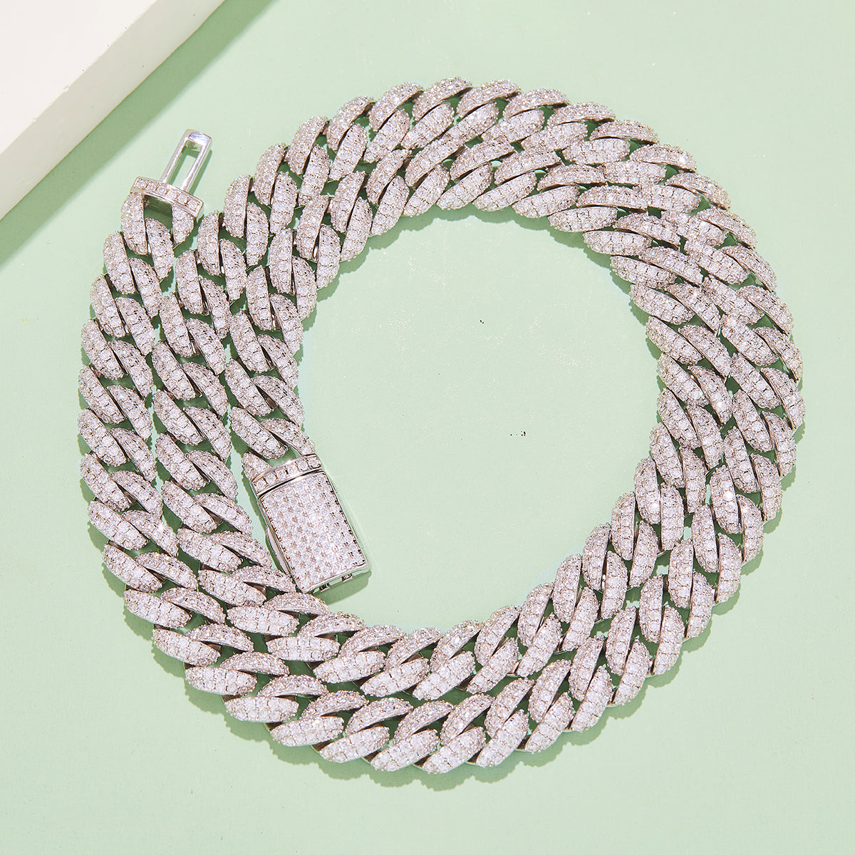 10mm width Mossanite Cuban Chain Bracelet  Necklace|18K White Gold-Plated S925 Silver, Custom Available