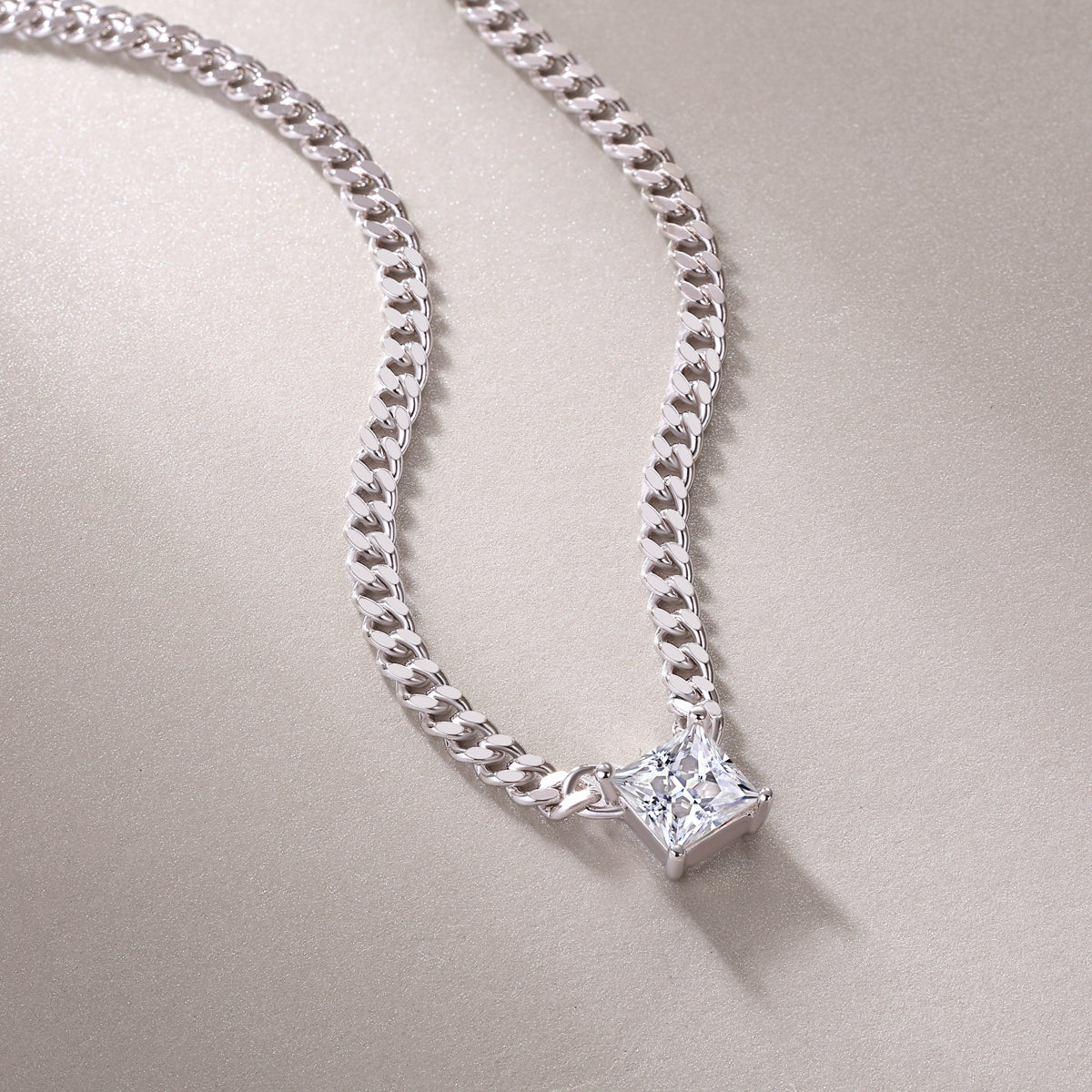 1 Ct Princess Cut Square Mossanite Necklace |18K White Gold-Plated S925 Silver, Custom Available