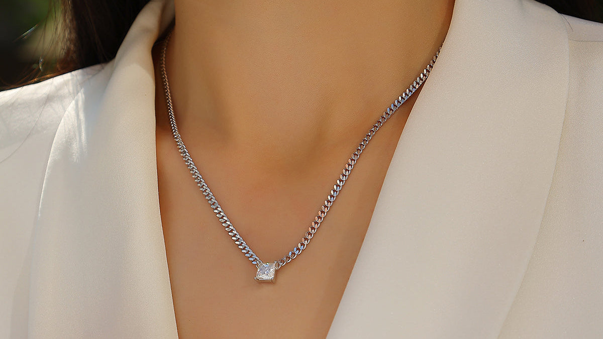 1 Ct Princess Cut Square Mossanite Necklace |18K White Gold-Plated S925 Silver, Custom Available