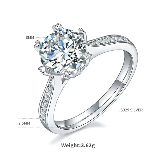 8mm 2Ct Round Mossanite Women Ring |18K White Gold-Plated S925 Silver, Custom Available