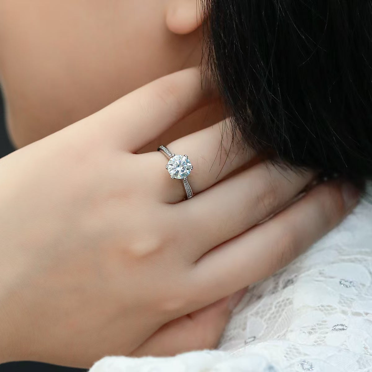 8mm 2Ct Round Mossanite Women Ring |18K White Gold-Plated S925 Silver, Custom Available