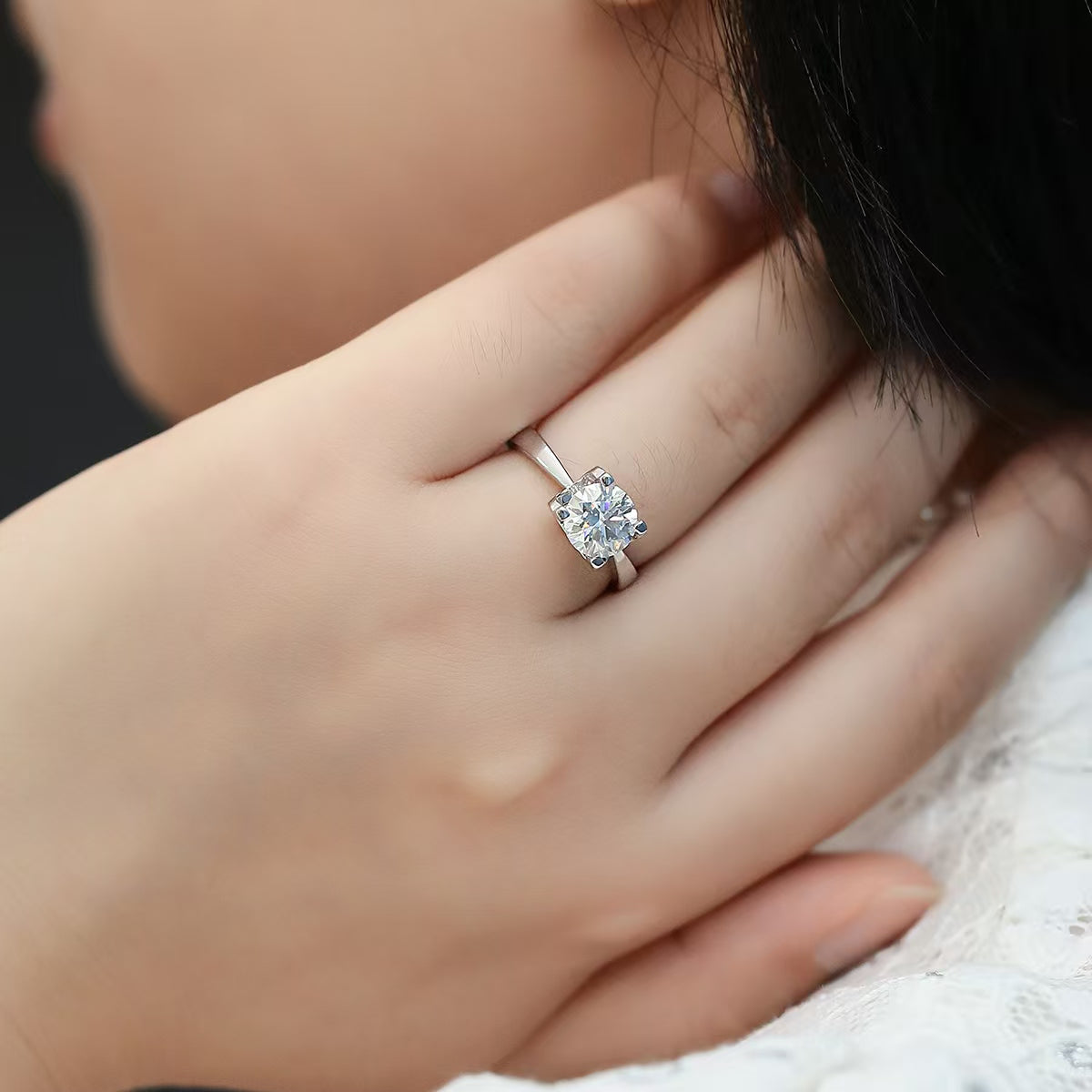 8mm 2Ct Round Mossanite Women Ring |18K White Gold-Plated S925 Silver, Custom Available