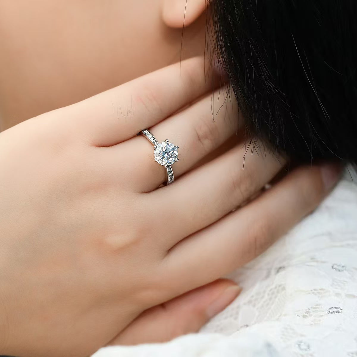 2Ct 8mm Round Mossanite Women Ring |18K White Gold-Plated S925 Silver, Custom Available