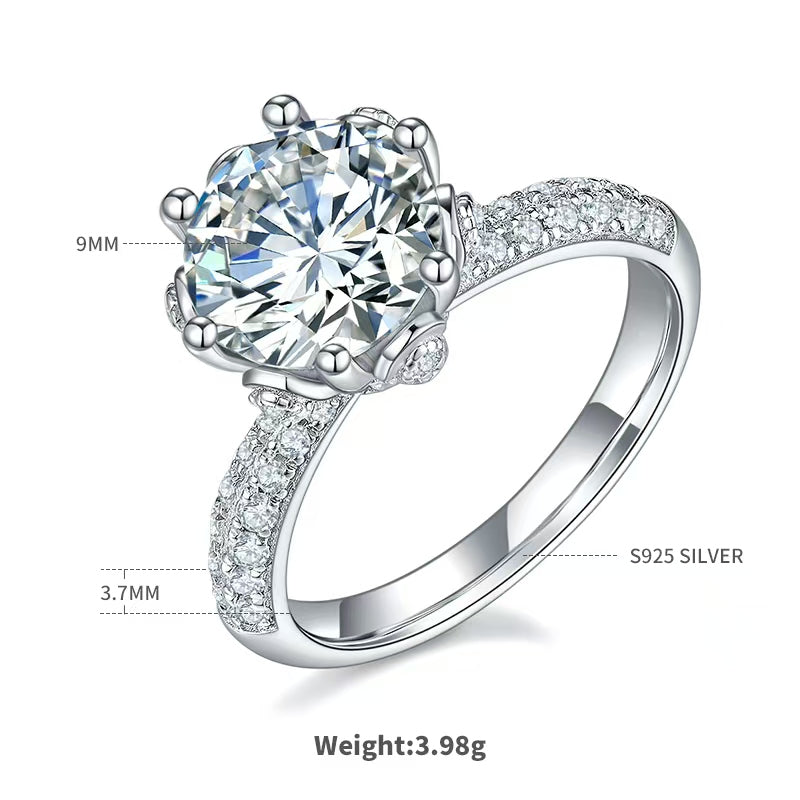 3Ct 9mm Round Mossanite Women Ring |18K White Gold-Plated S925 Silver, Custom Available