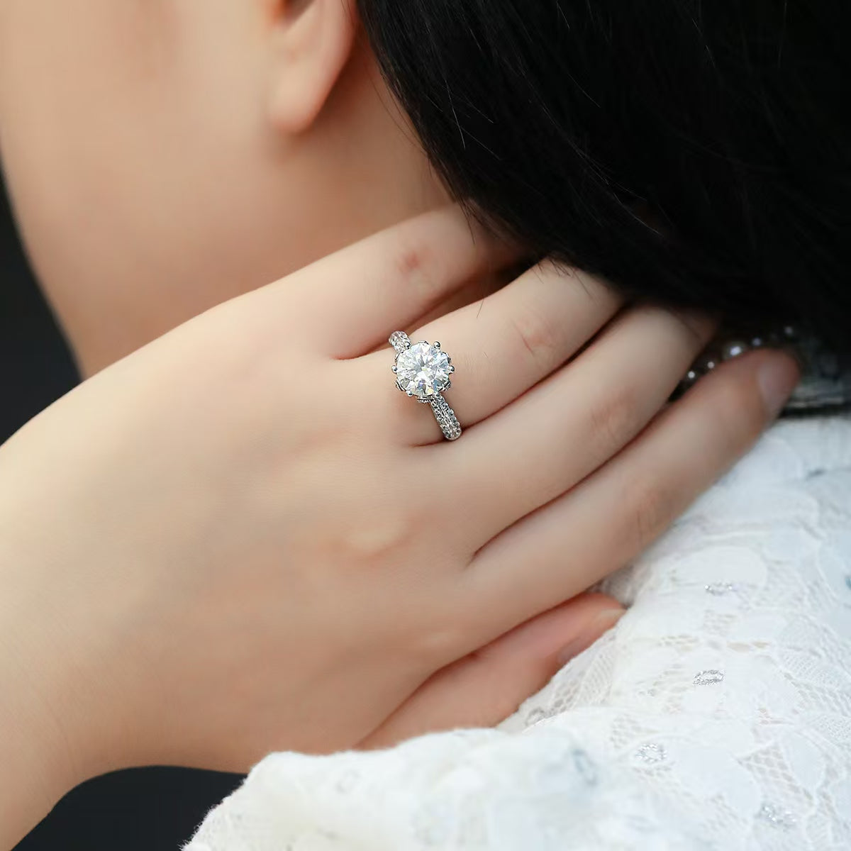 3Ct 9mm Round Mossanite Women Ring |18K White Gold-Plated S925 Silver, Custom Available