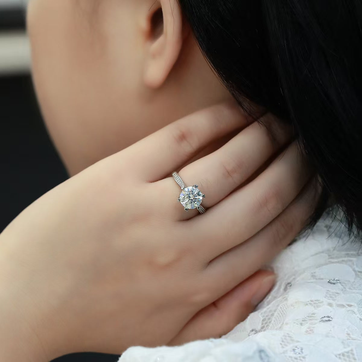 3Ct 9mm Round Mossanite Women Ring |18K White Gold-Plated S925 Silver, Custom Available