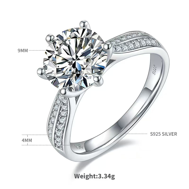 3Ct 9mm Round Mossanite Women Ring |18K White Gold-Plated S925 Silver, Custom Available