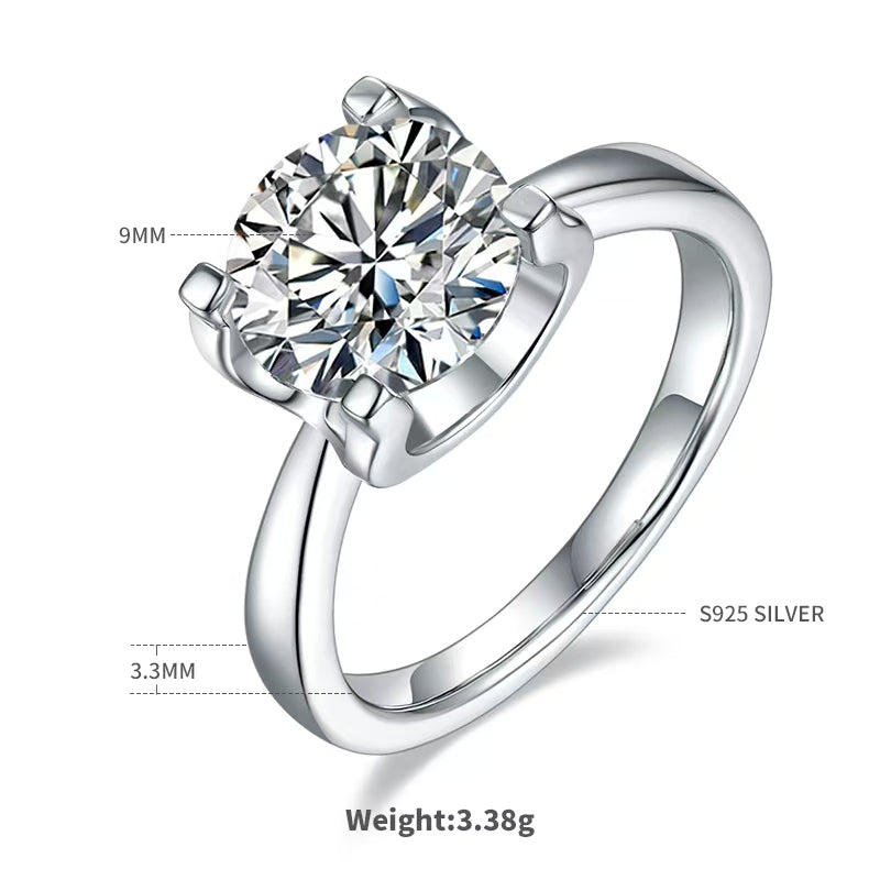 3Ct 9mm Round Mossanite Women Ring |18K White Gold-Plated S925 Silver, Custom Available
