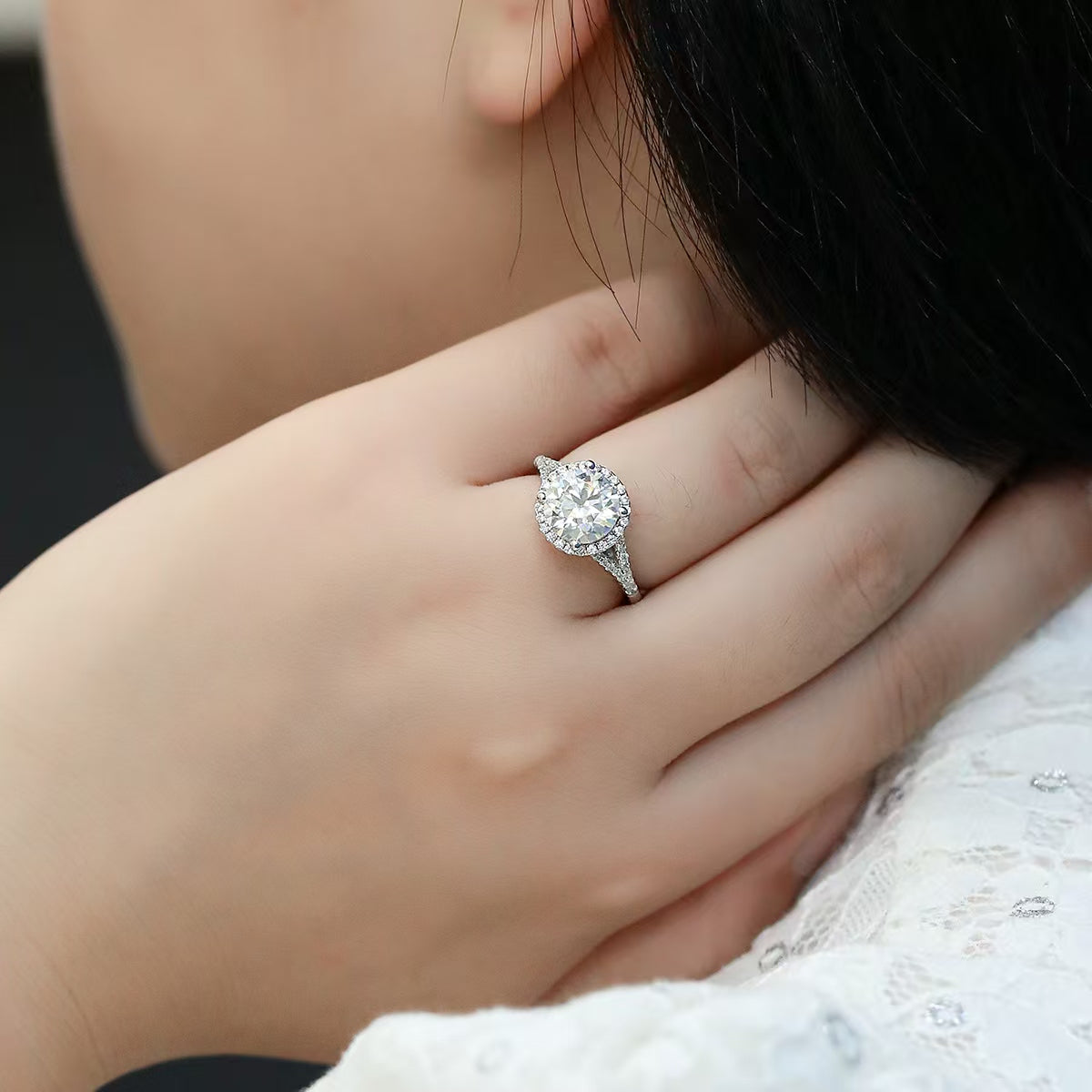 3Ct 9mm Round Mossanite Women Ring |18K White Gold-Plated S925 Silver, Custom Available