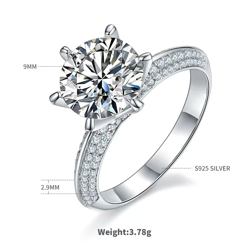 3Ct 9mm Round Mossanite Women Ring |18K White Gold-Plated S925 Silver, Custom Available