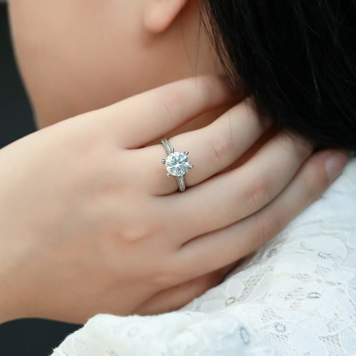 3Ct 9mm Round Mossanite Women Ring |18K White Gold-Plated S925 Silver, Custom Available