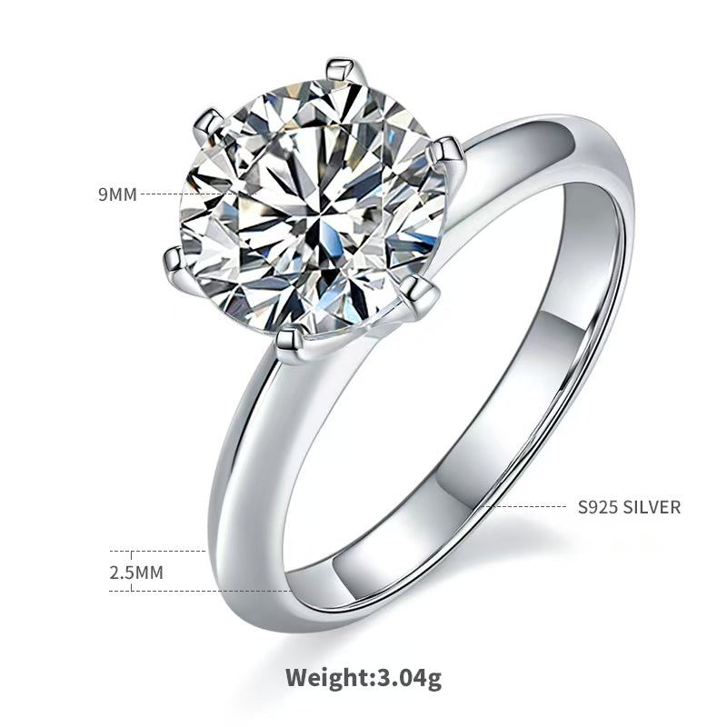 3Ct 9mm Round Mossanite Women Ring |18K White Gold-Plated S925 Silver, Custom Available