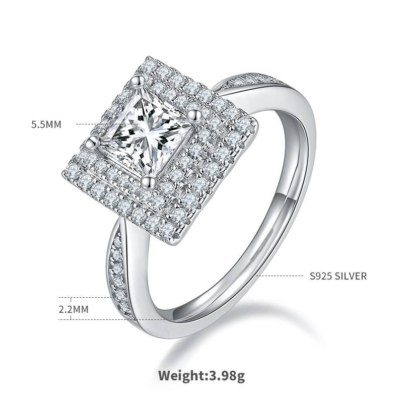 2Ct Square Mossanite Women Ring | White Gold-Plated S925 Silver, Custom Available