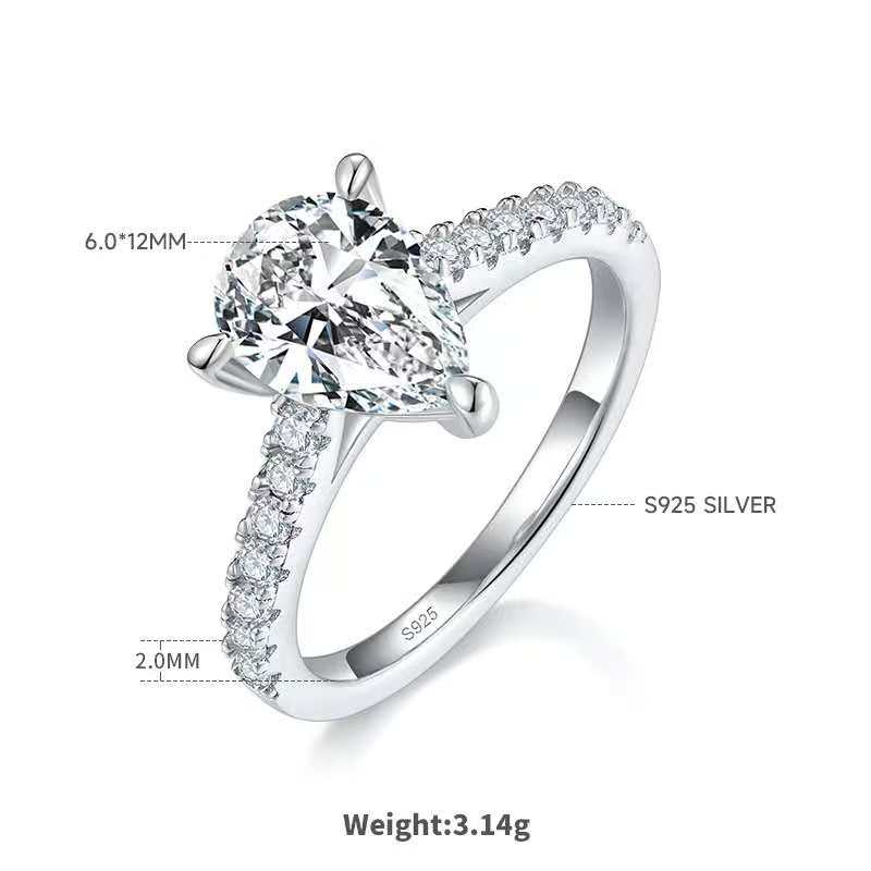 2Ct Pear Mossanite Women Ring | White Gold-Plated S925 Silver, Custom Available