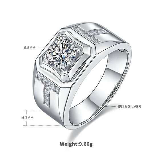 1.0Ct Round Mossanite Men Ring |18K White Gold-Plated S925 Silver, Custom Available