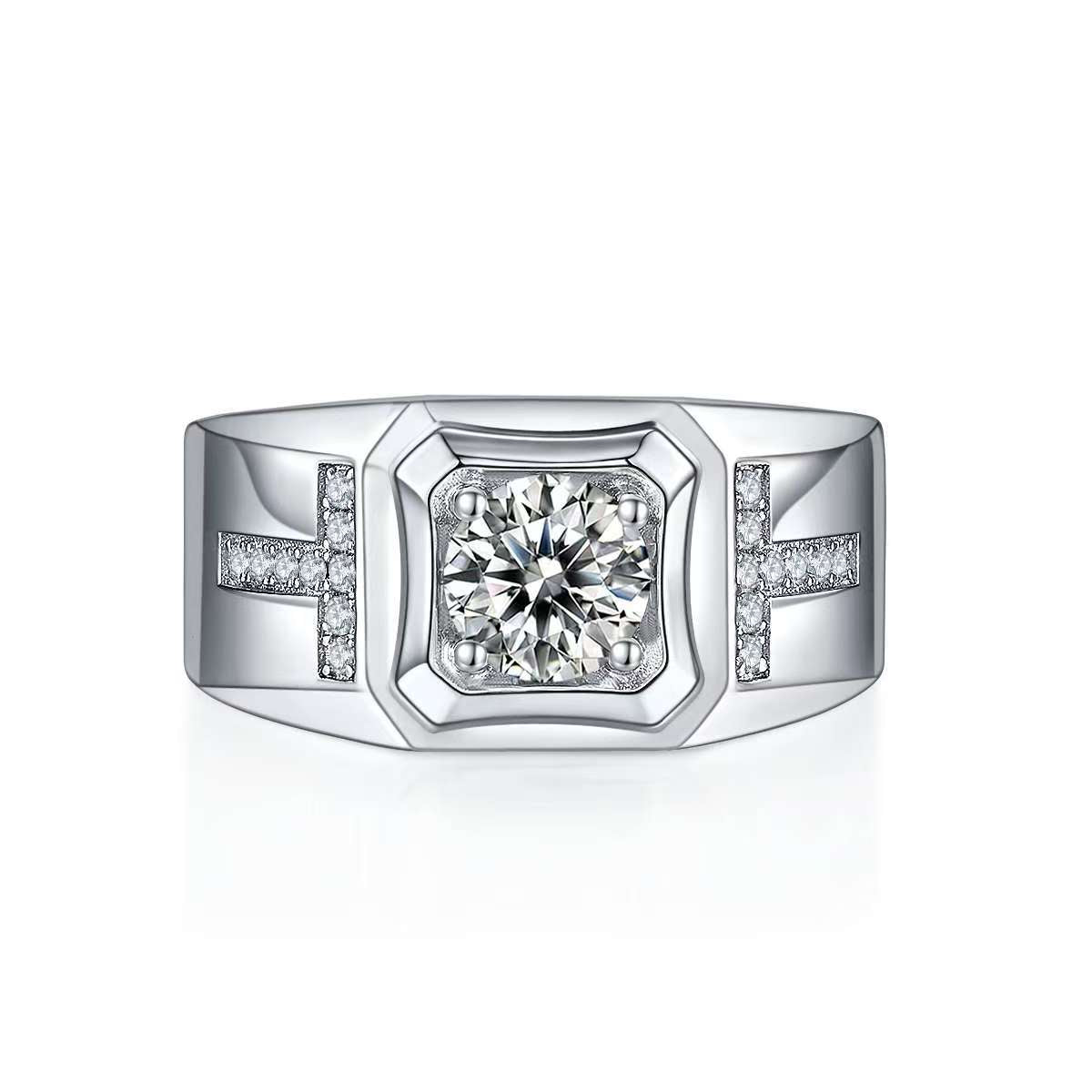 1.0Ct Round Mossanite Men Ring |18K White Gold-Plated S925 Silver, Custom Available
