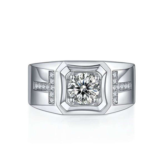 1.0Ct Round Mossanite Men Ring |18K White Gold-Plated S925 Silver, Custom Available