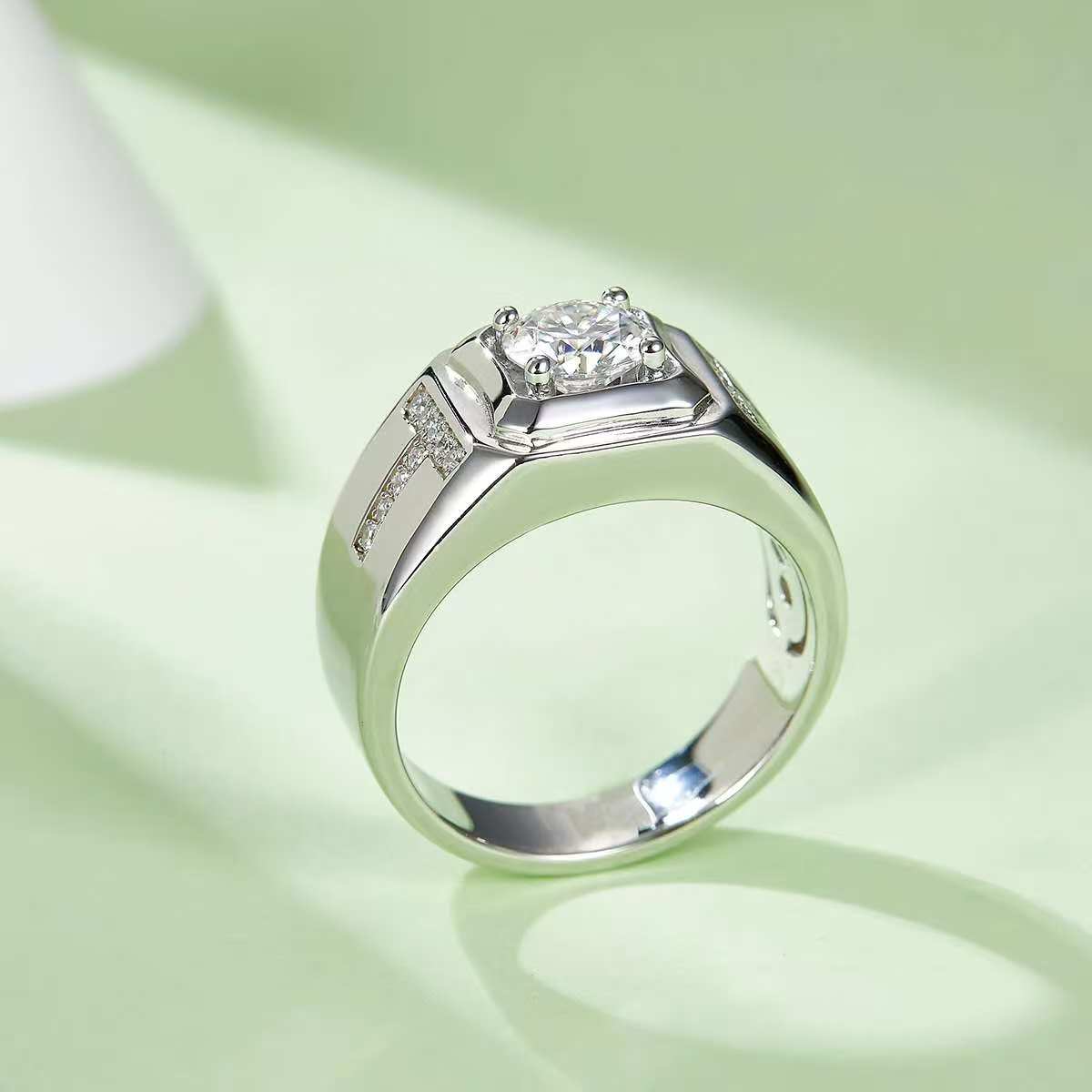 1.0Ct Round Mossanite Men Ring |18K White Gold-Plated S925 Silver, Custom Available
