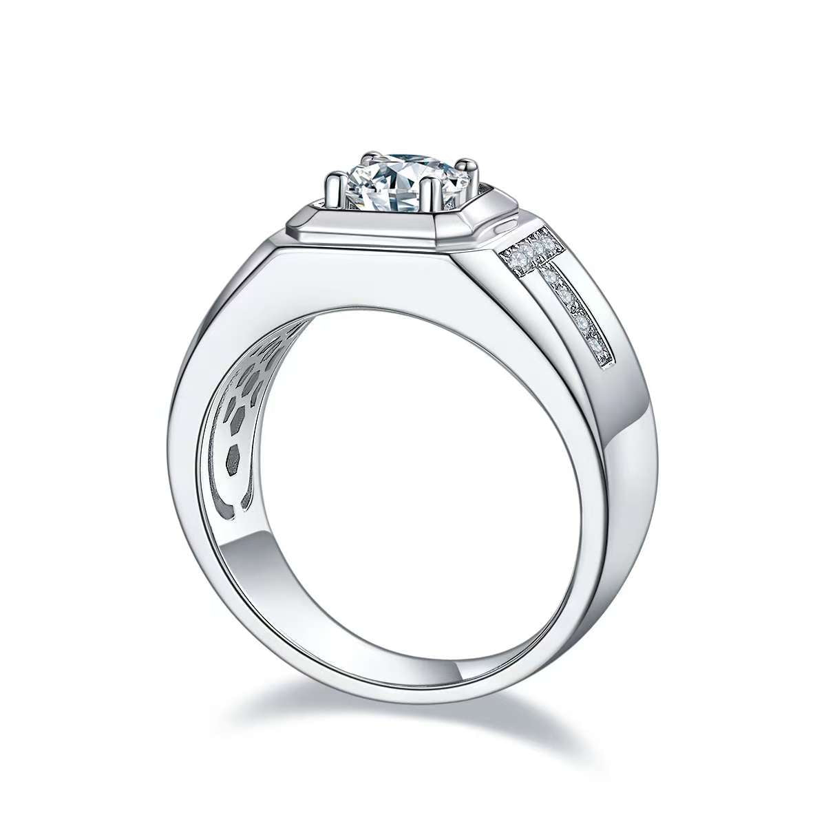 1.0Ct Round Mossanite Men Ring |18K White Gold-Plated S925 Silver, Custom Available