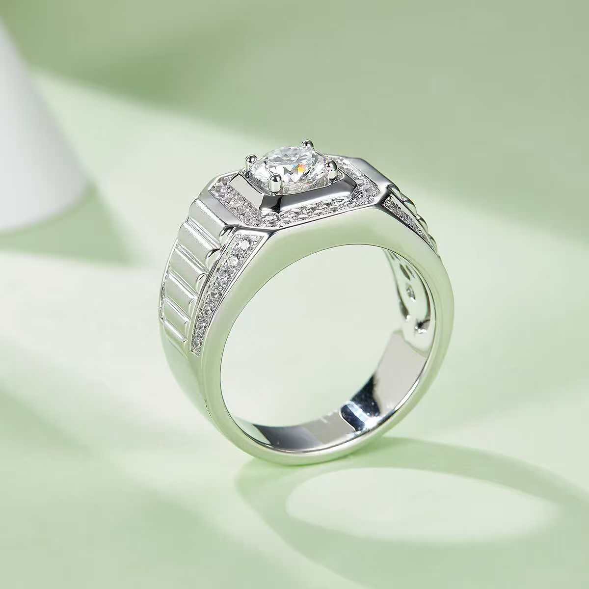 1.0Ct Round Mossanite Men Ring |18K White Gold-Plated S925 Silver, Custom Available
