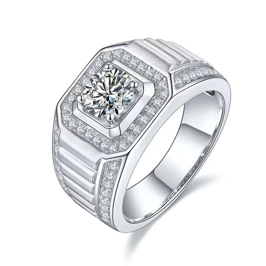 1.0Ct Round Mossanite Men Ring |18K White Gold-Plated S925 Silver, Custom Available