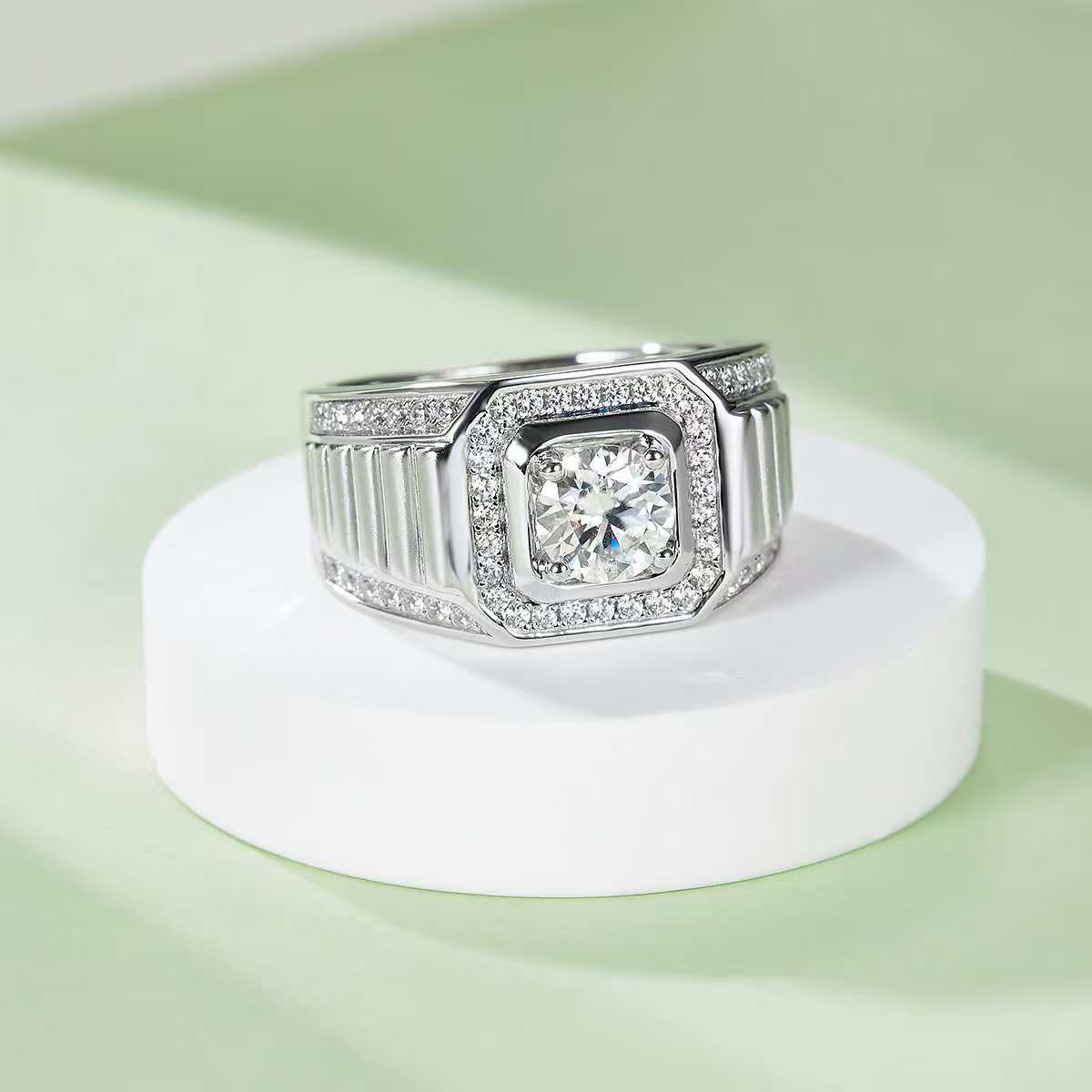 1.0Ct Round Mossanite Men Ring |18K White Gold-Plated S925 Silver, Custom Available