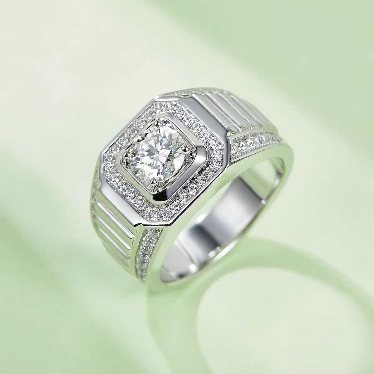 1.0Ct Round Mossanite Men Ring |18K White Gold-Plated S925 Silver, Custom Available