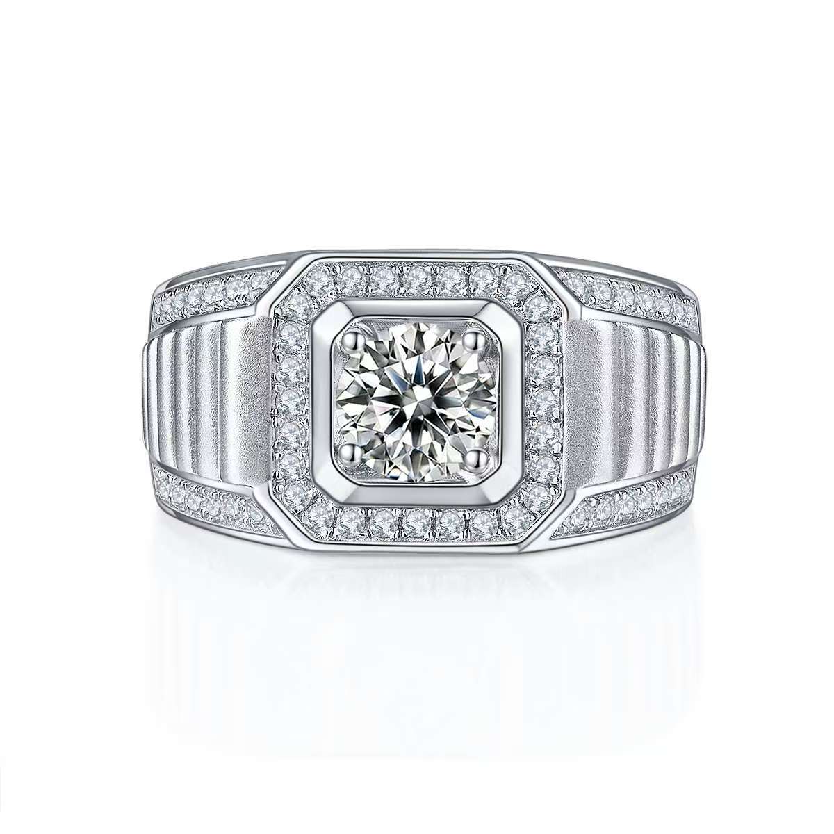 1.0Ct Round Mossanite Men Ring |18K White Gold-Plated S925 Silver, Custom Available