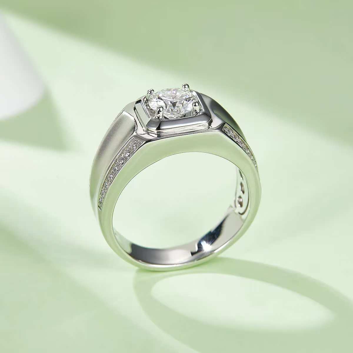 1.0Ct 6.5MM Round Mossanite Men Ring |18K White Gold-Plated S925 Silver, Custom Available