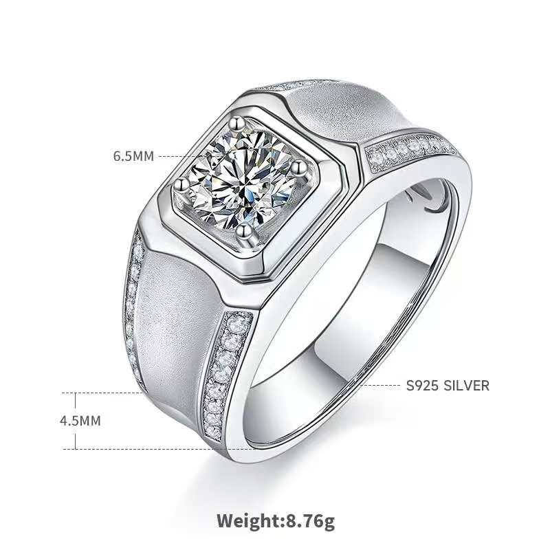 1.0Ct 6.5MM Round Mossanite Men Ring |18K White Gold-Plated S925 Silver, Custom Available