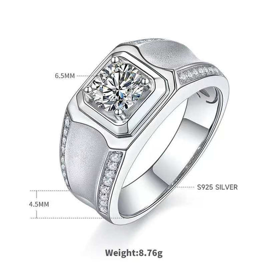 1.0Ct 6.5MM Round Mossanite Men Ring |18K White Gold-Plated S925 Silver, Custom Available