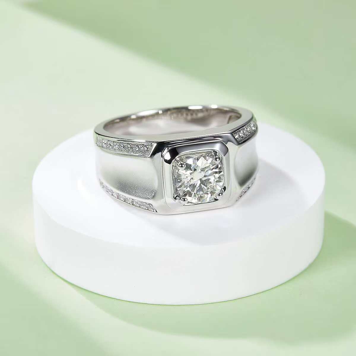 1.0Ct 6.5MM Round Mossanite Men Ring |18K White Gold-Plated S925 Silver, Custom Available