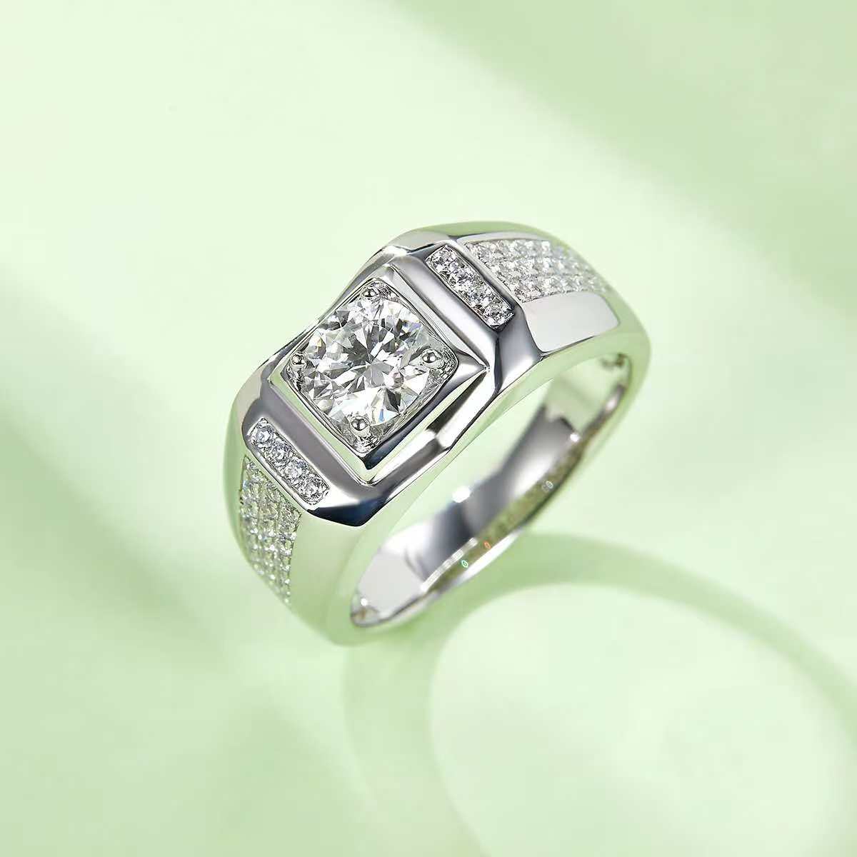 1.0Ct 6.5MM Round Mossanite Men Ring |18K White Gold-Plated S925 Silver, Custom Available
