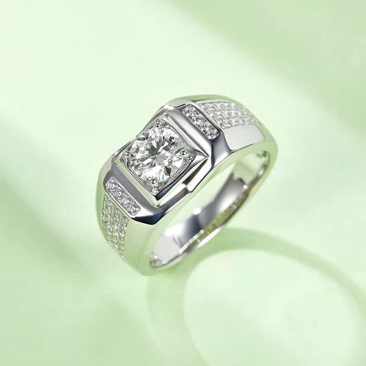 1.0Ct 6.5MM Round Mossanite Men Ring |18K White Gold-Plated S925 Silver, Custom Available