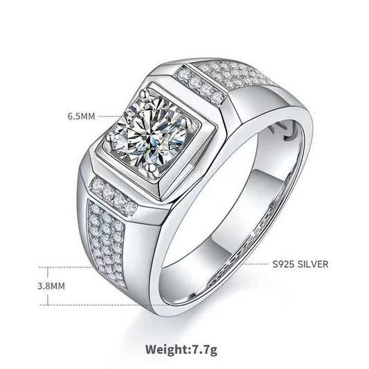 1.0Ct 6.5MM Round Mossanite Men Ring |18K White Gold-Plated S925 Silver, Custom Available