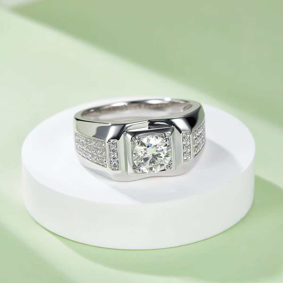 1.0Ct 6.5MM Round Mossanite Men Ring |18K White Gold-Plated S925 Silver, Custom Available