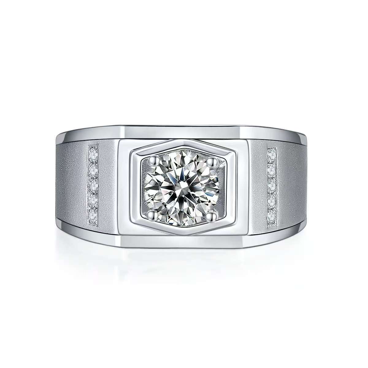 1.0Ct 6.5MM Round Mossanite Men Ring |18K White Gold-Plated S925 Silver, Custom Available