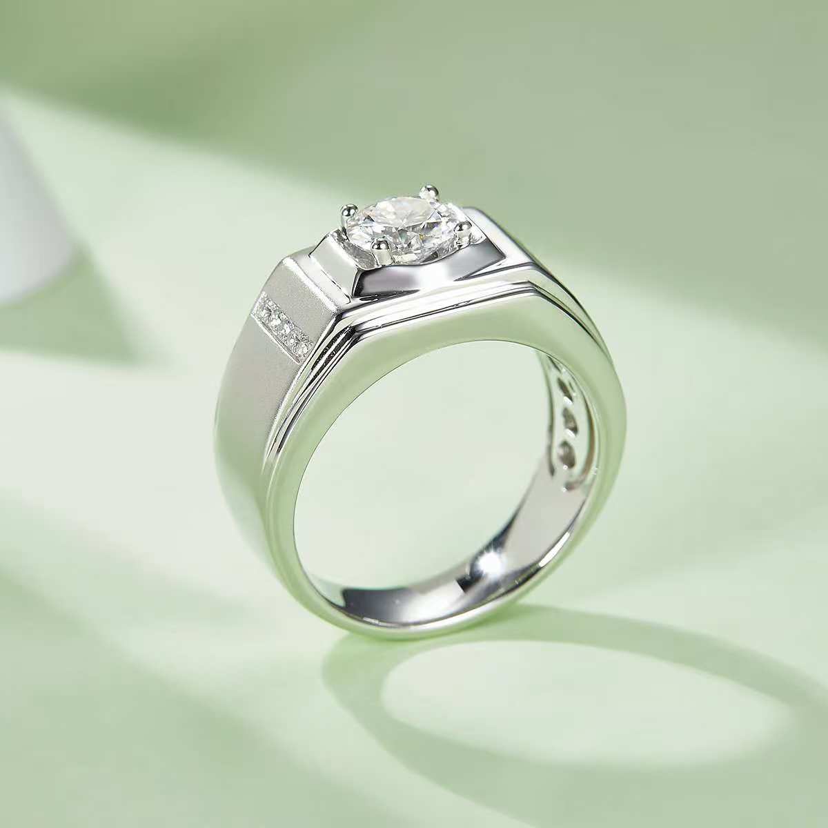 1.0Ct 6.5MM Round Mossanite Men Ring |18K White Gold-Plated S925 Silver, Custom Available