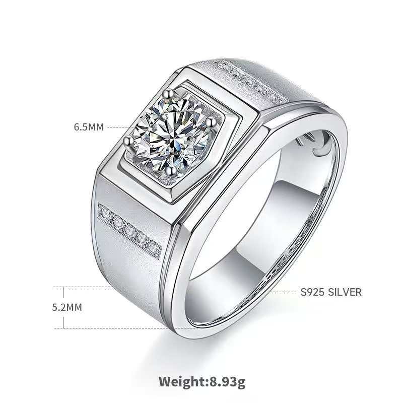 1.0Ct 6.5MM Round Mossanite Men Ring |18K White Gold-Plated S925 Silver, Custom Available