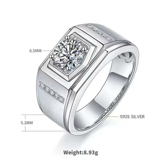 1.0Ct 6.5MM Round Mossanite Men Ring |18K White Gold-Plated S925 Silver, Custom Available