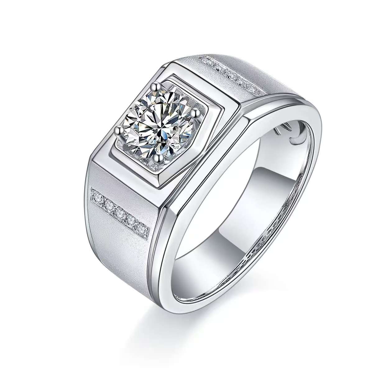 1.0Ct 6.5MM Round Mossanite Men Ring |18K White Gold-Plated S925 Silver, Custom Available
