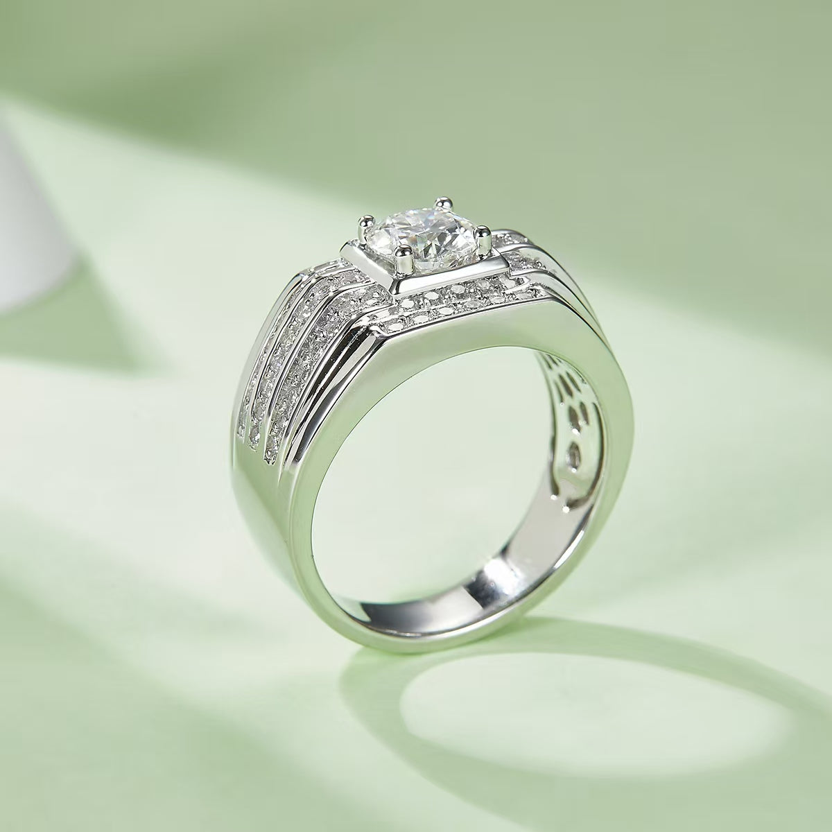 1.0Ct 6.5MM Round Mossanite Men Ring |18K White Gold-Plated S925 Silver, Custom Available