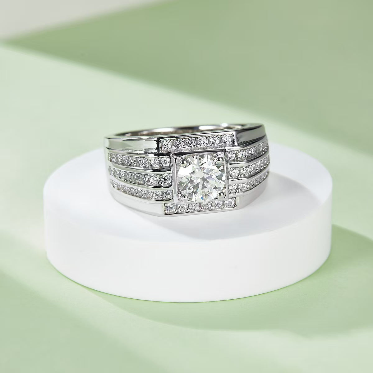 1.0Ct 6.5MM Round Mossanite Men Ring |18K White Gold-Plated S925 Silver, Custom Available