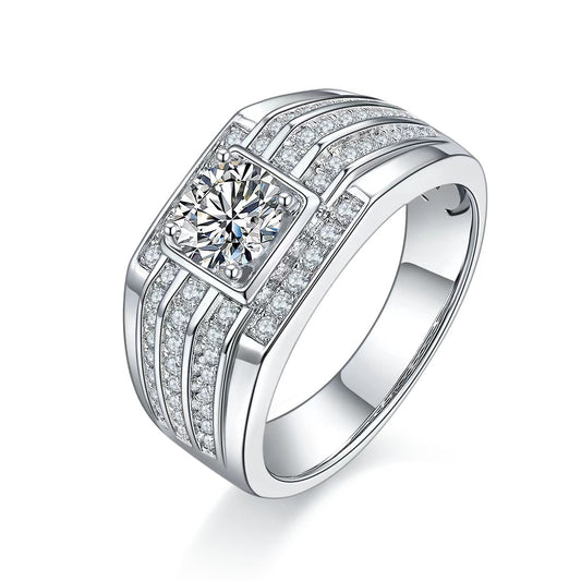1.0Ct 6.5MM Round Mossanite Men Ring |18K White Gold-Plated S925 Silver, Custom Available