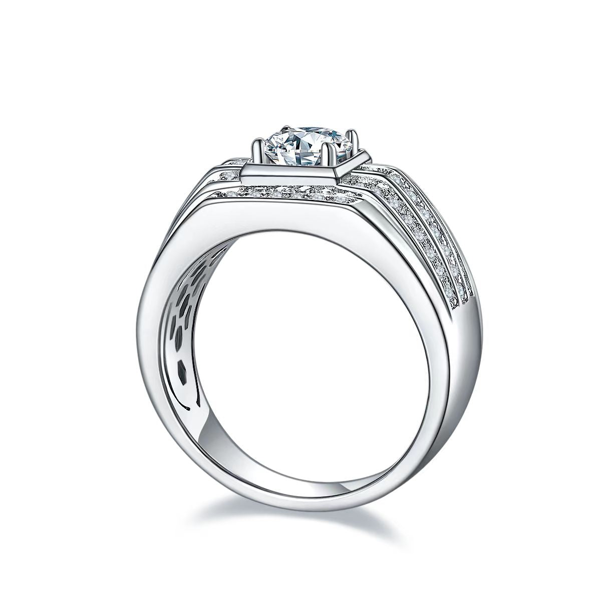 1.0Ct 6.5MM Round Mossanite Men Ring |18K White Gold-Plated S925 Silver, Custom Available