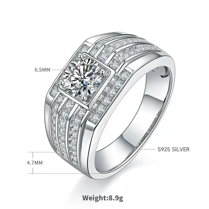 1.0Ct 6.5MM Round Mossanite Men Ring |18K White Gold-Plated S925 Silver, Custom Available
