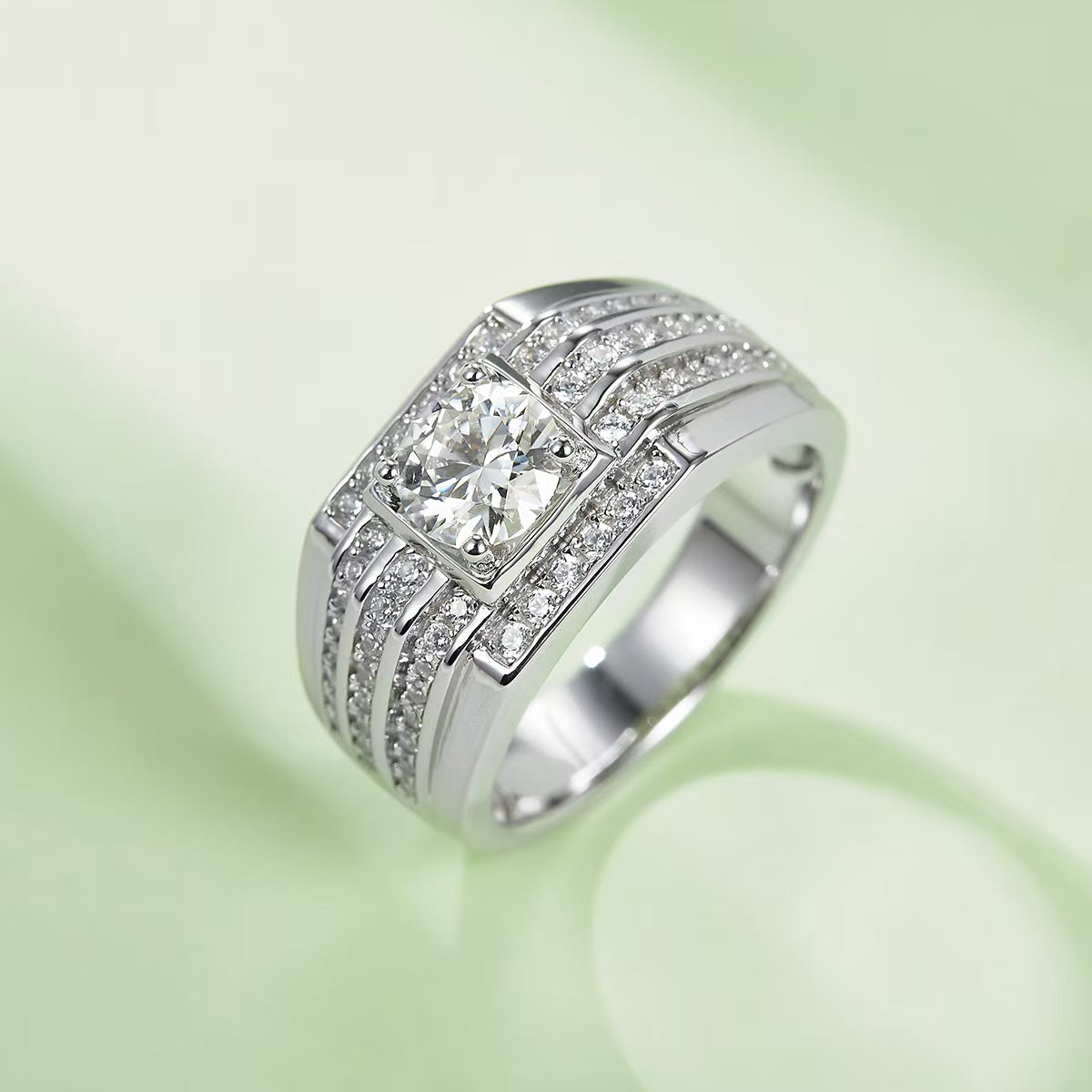 1.0Ct 6.5MM Round Mossanite Men Ring |18K White Gold-Plated S925 Silver, Custom Available