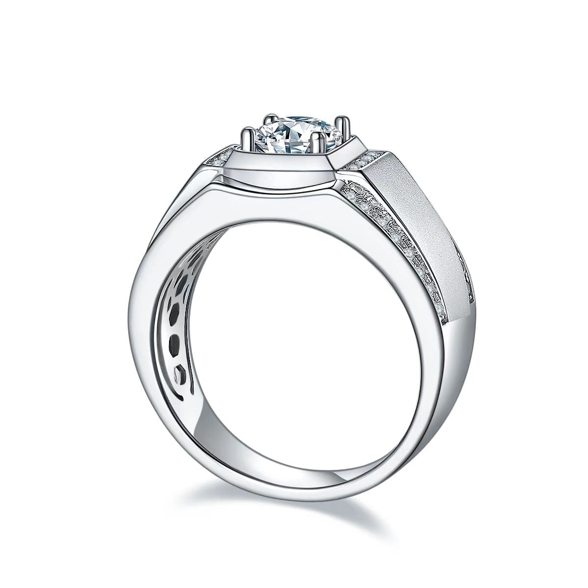 1.0Ct 6.5MM Round Mossanite Men Ring |18K White Gold-Plated S925 Silver, Custom Available