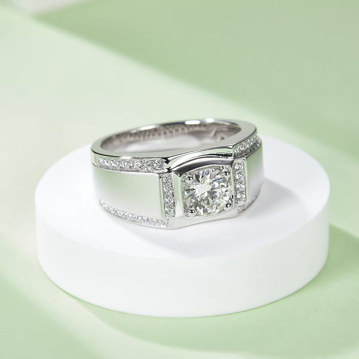1.0Ct 6.5MM Round Mossanite Men Ring |18K White Gold-Plated S925 Silver, Custom Available